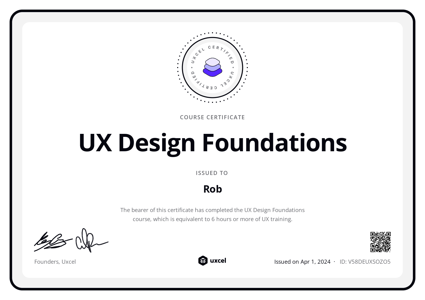 Rob B's certificate